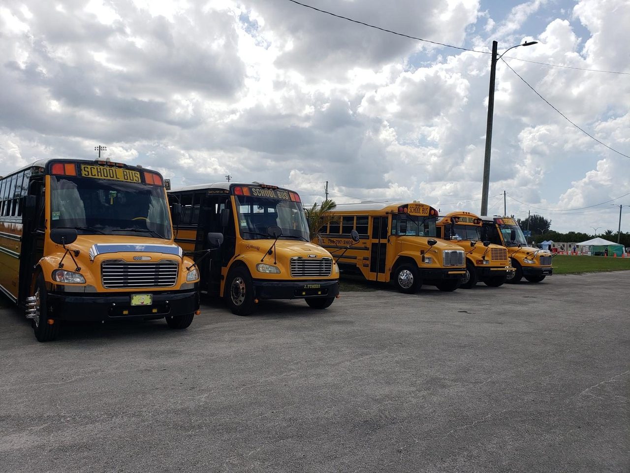 The Madruga family's fleet of clean, well-maintained yellow school buses in Hialeah, Florida