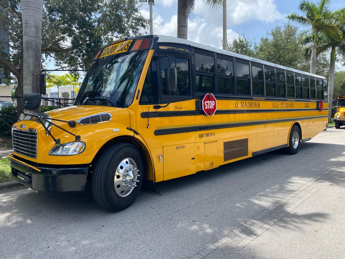 A clean, well-maintained Madruga school bus in Hialeah, Florida
